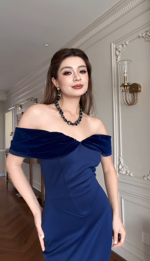 Simple Off-shoulder Mermaid Satin Long Evening Dress Navy Blue Prom Dress DP05724