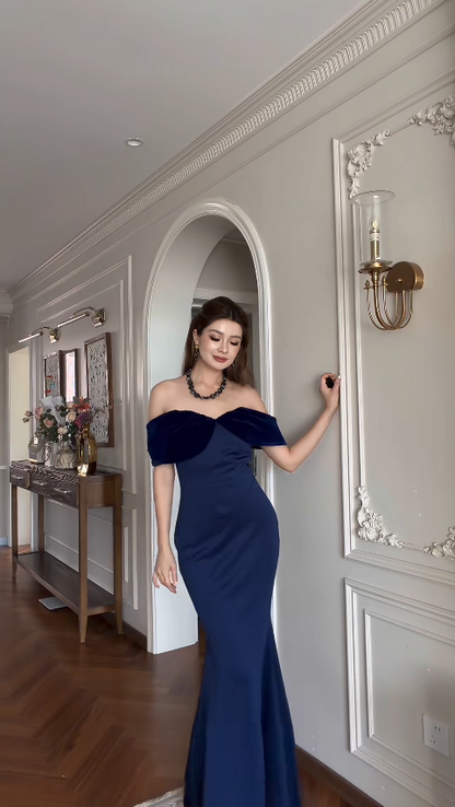 Simple Off-shoulder Mermaid Satin Long Evening Dress Navy Blue Prom Dress DP05724