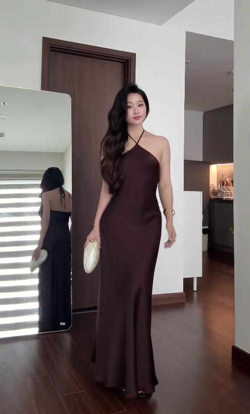 Simple Halter Sheath Satin Long Evening Dress Brown Prom Dress DP05725
