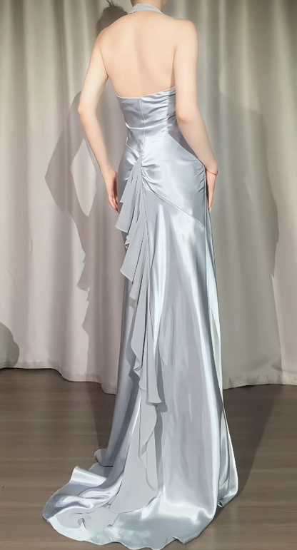 Einfaches, langes Satin-Abendkleid mit Neckholder in Grau Ballkleid DP05726