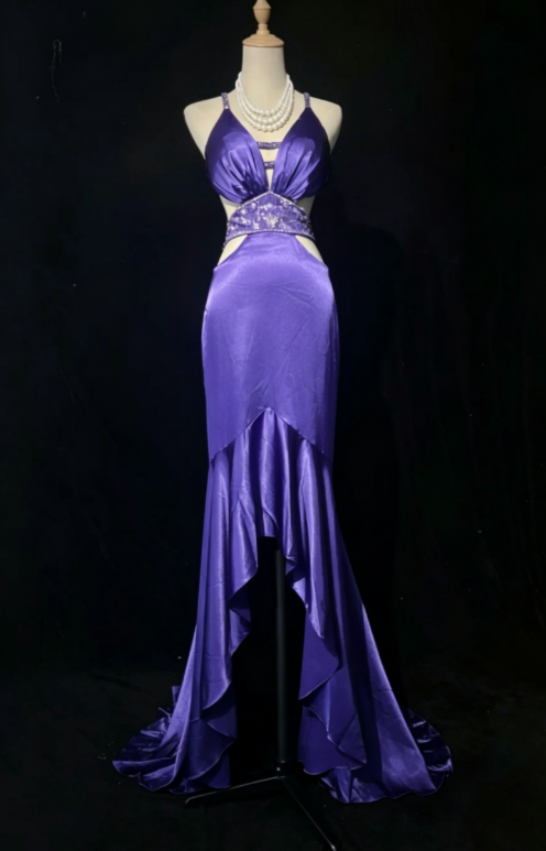 Chic Halter Mermaid Satin Long Evening Dress Purple Prom Dress DP05727