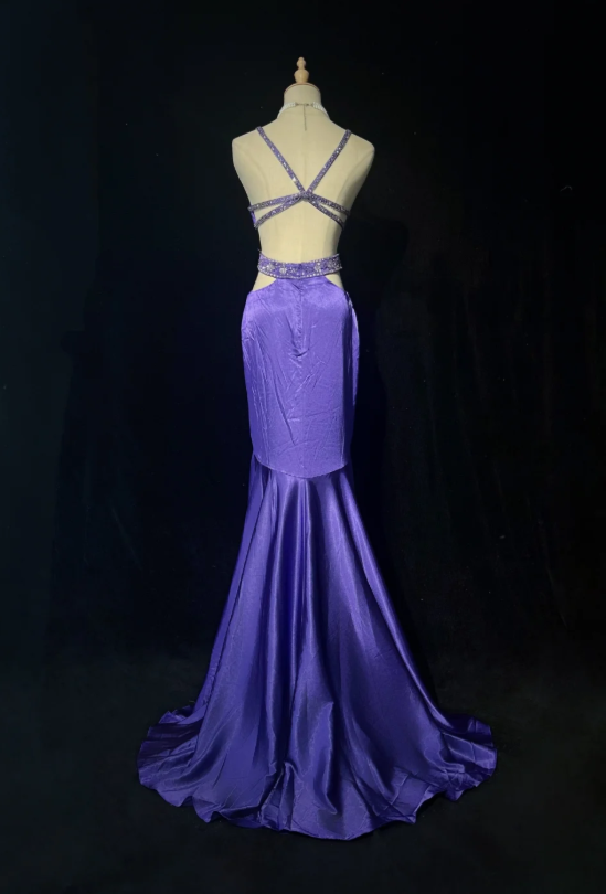 Chic Halter Mermaid Satin Long Evening Dress Purple Prom Dress DP05727