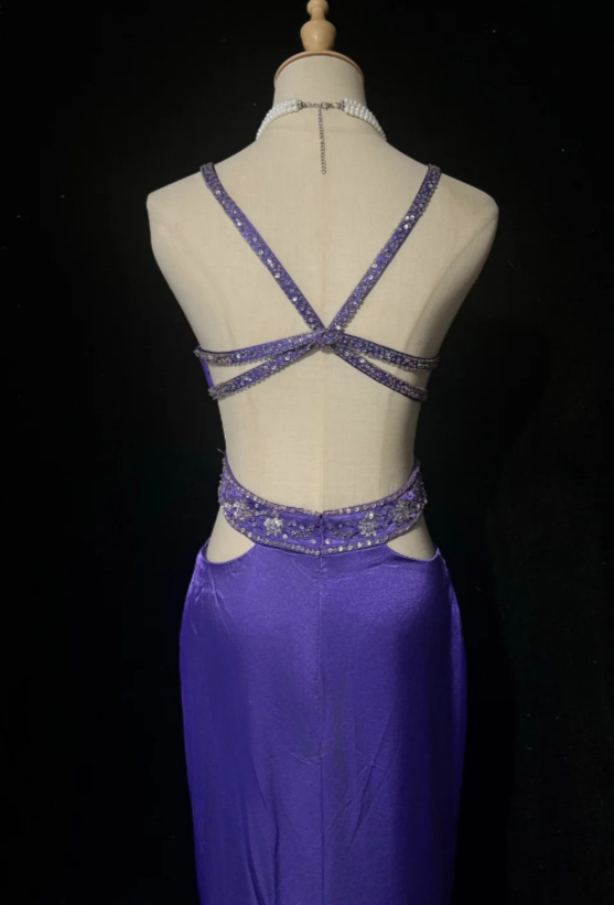 Chic Halter Mermaid Satin Long Evening Dress Purple Prom Dress DP05727