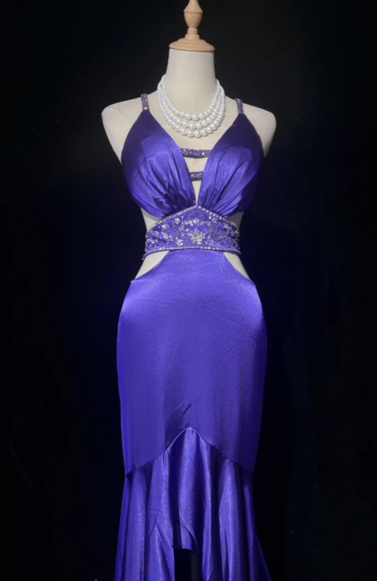 Chic Halter Mermaid Satin Long Evening Dress Purple Prom Dress DP05727