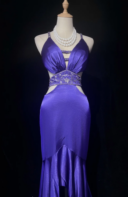 Chic Halter Mermaid Satin Long Evening Dress Purple Prom Dress DP05727