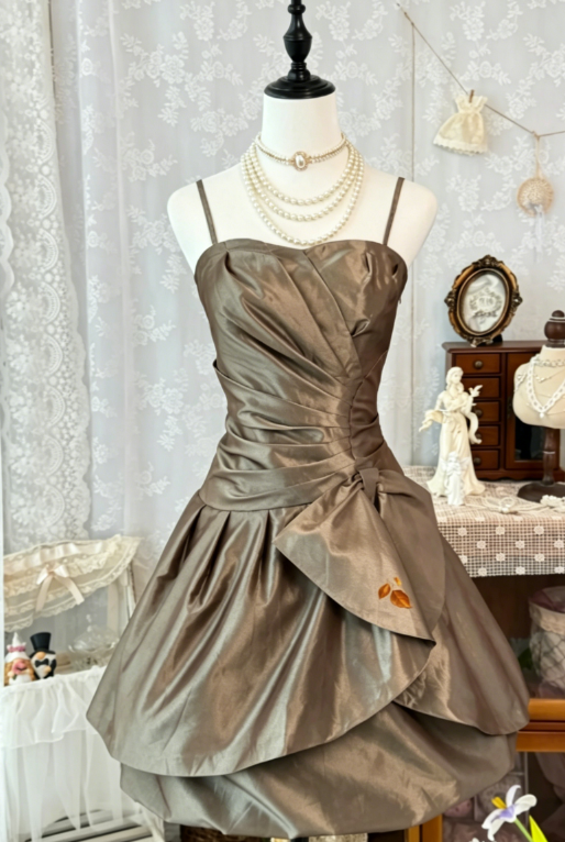 Chic Spaghetti Straps Short Prom Dress A-Line Satin Birthday Dress Light Brown Graduation Dress DP05728