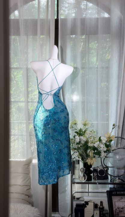 Elegantes langes Abendkleid aus Chiffon mit Spaghettiträgern und Perlenbesatz, blaues Ballkleid DP05730