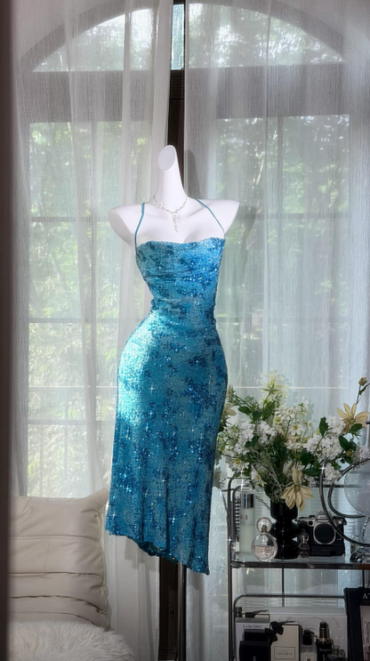 Elegantes langes Abendkleid aus Chiffon mit Spaghettiträgern und Perlenbesatz, blaues Ballkleid DP05730