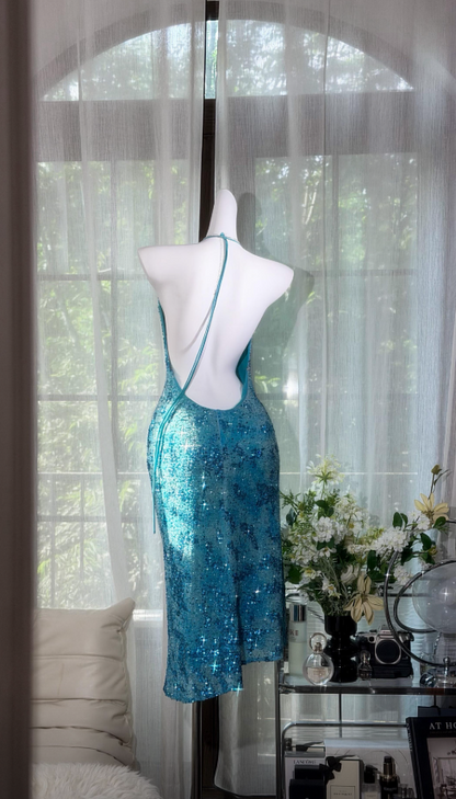 Elegantes langes Abendkleid aus Chiffon mit Spaghettiträgern und Perlenbesatz, blaues Ballkleid DP05730