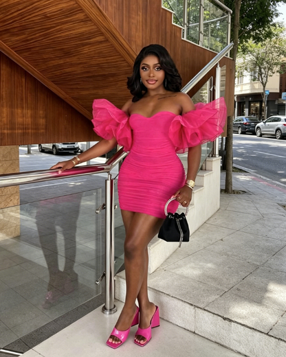 Chic Off-shoulder Sheath Short Cocktail Dress Tulle Party Dress Hot Pink Birthday Dress DP05732