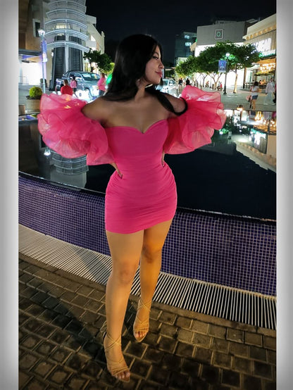 Chic Off-shoulder Sheath Short Cocktail Dress Tulle Party Dress Hot Pink Birthday Dress DP05732