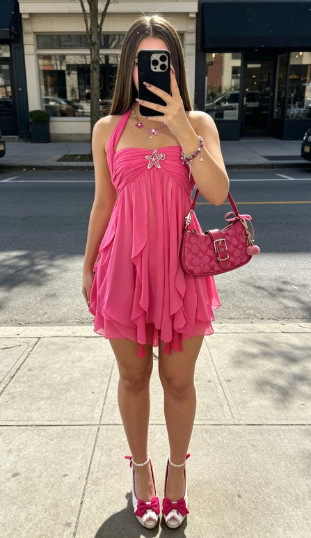 Robe courte de cocktail chic en mousseline avec licou, robe de soirée, robe d'anniversaire rose vif DP05733