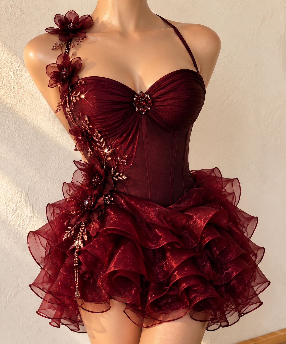 Schickes Neckholder-Etuikleid, kurzes Cocktailkleid, Tüll-Partykleid, burgunderfarbenes Geburtstags-Kleid DP05735