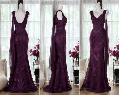 Glam Lila Ballkleid Träger Scheide Chiffon Perlen Lang Abendkleid DP05737