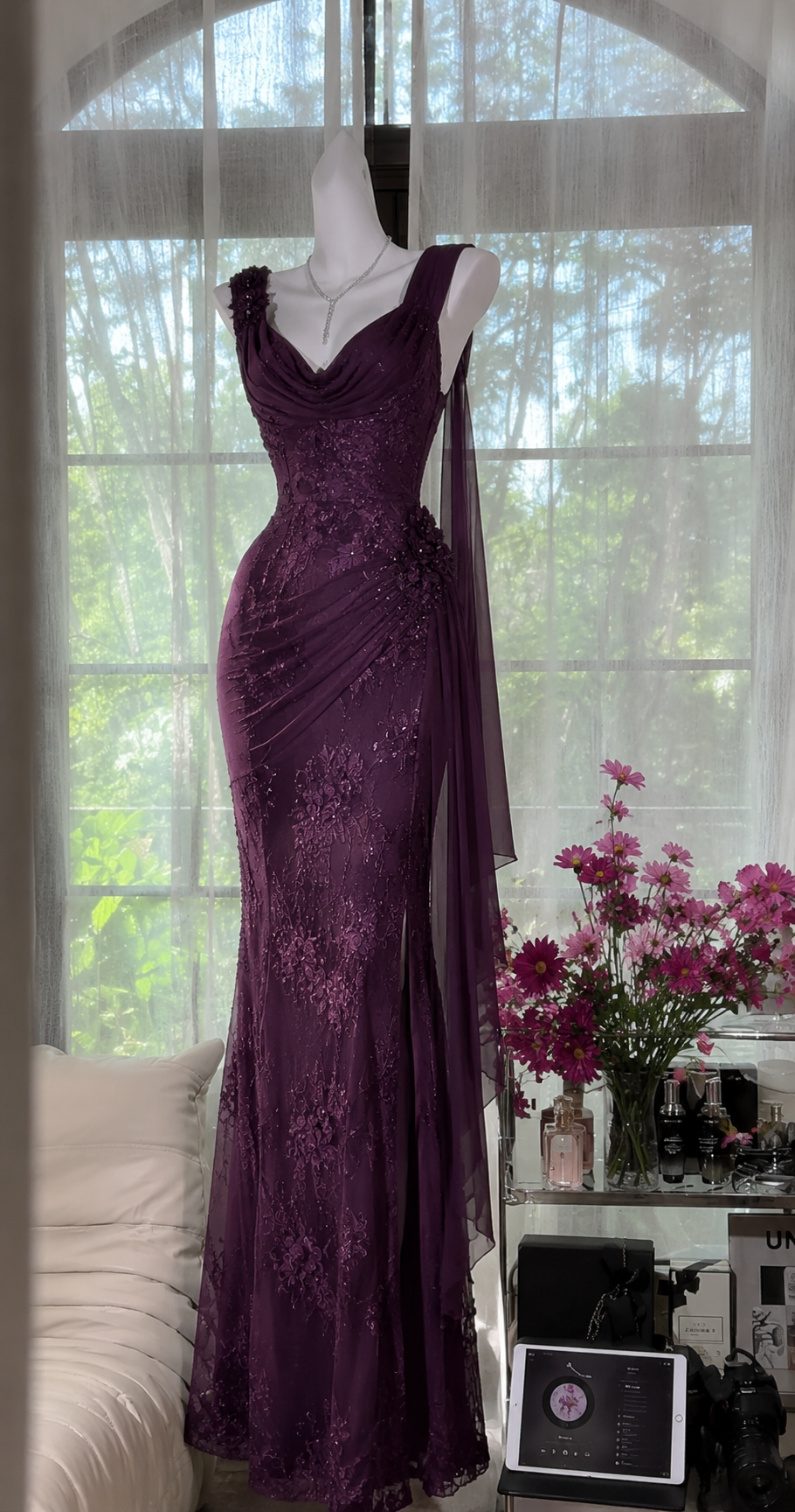 Glam Lila Ballkleid Träger Scheide Chiffon Perlen Lang Abendkleid DP05737