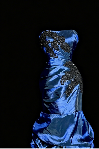 Glam Navy Blue Prom Dress Strapless Mermaid Satin Long Evening Dress DP05740
