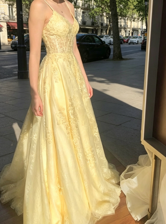 Glamouröses gelbes Ballkleid mit Spaghettiträgern, A-Linie, Chiffon, langes Abendkleid DP05742