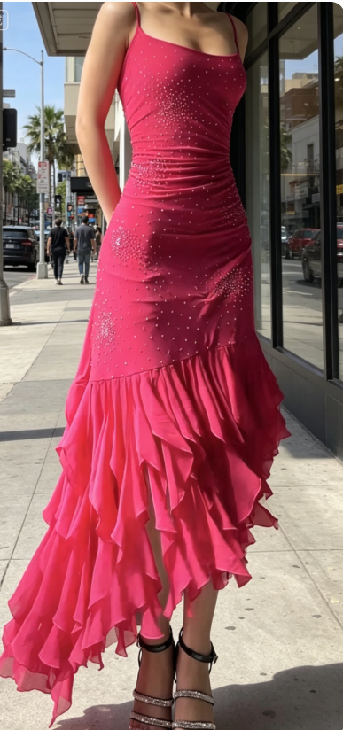 Glamouröses pinkes Ballkleid Spaghettiträger A-Linie Chiffon Langes Abendkleid DP05743