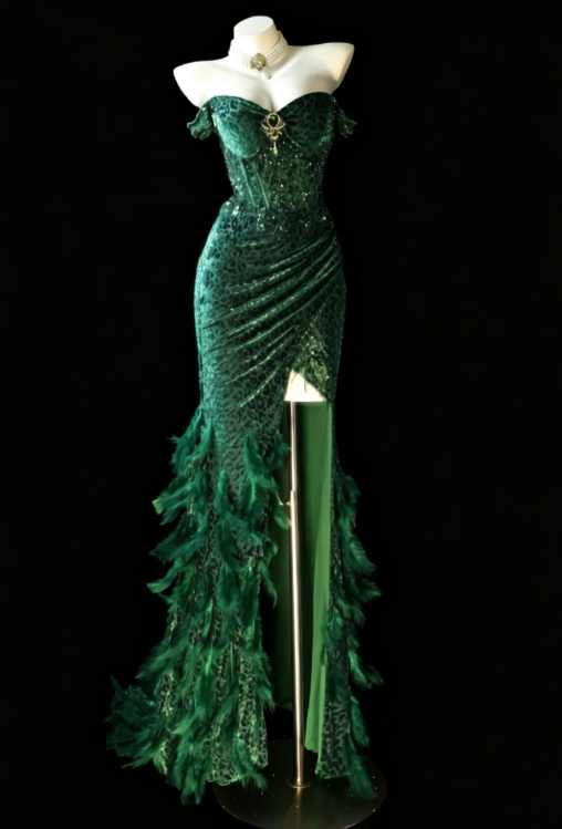Elegantes dunkelgrünes Abschlussballkleid, schulterfrei, Etui-Satin, langes Abendkleid DP05744