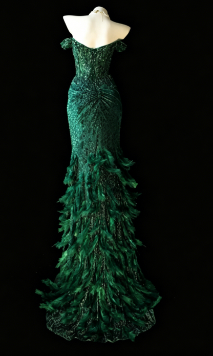 Glam Dark Green Prom Dress Off-shoulder Sheath Satin Long Evening Dress DP05744