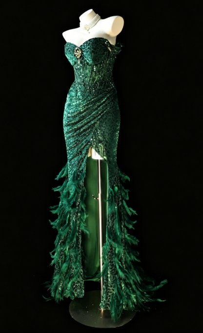 Glam Dark Green Prom Dress Off-shoulder Sheath Satin Long Evening Dress DP05744