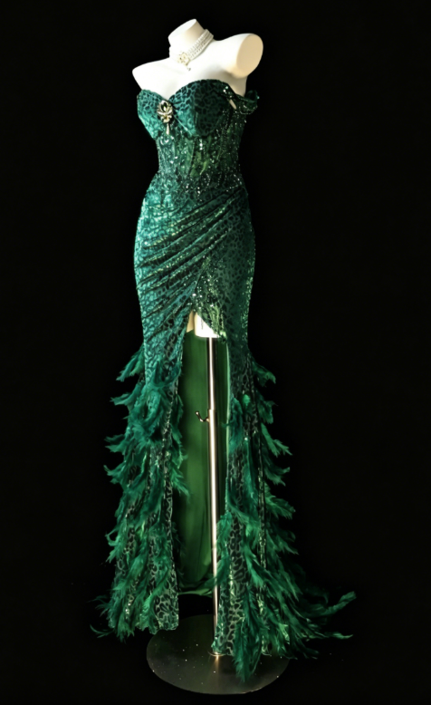 Elegantes dunkelgrünes Abschlussballkleid, schulterfrei, Etui-Satin, langes Abendkleid DP05744