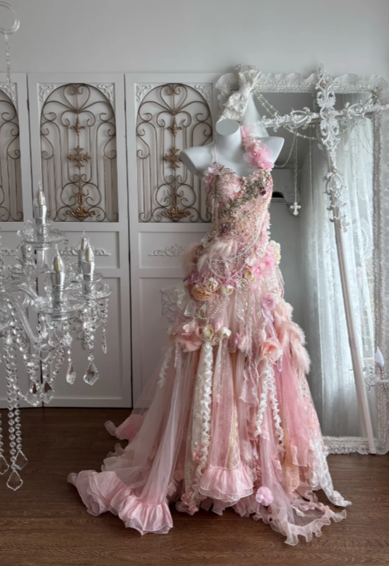 Glam Pink Prom Dress Halter Sheath Tulle Beaded Long Evening Dress DP05746