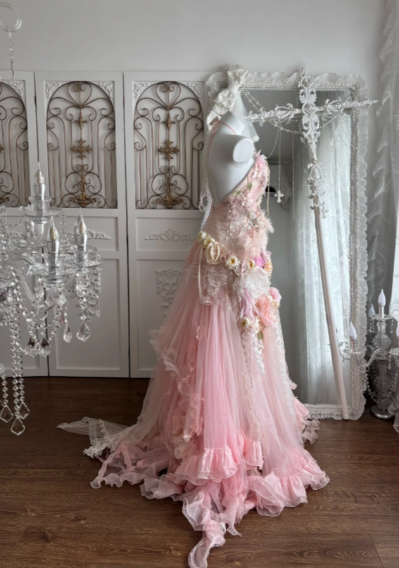 Glam Pink Prom Dress Halter Sheath Tulle Beaded Long Evening Dress DP05746
