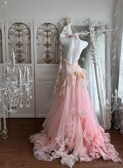 Glam Pink Prom Dress Halter Sheath Tulle Beaded Long Evening Dress DP05746