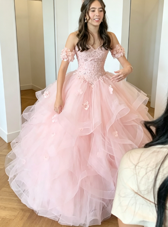 Robe de bal de Quinceanera féerique épaules dénudées, en tulle, applications, rose, pour Sweet 16, modèle DP05749