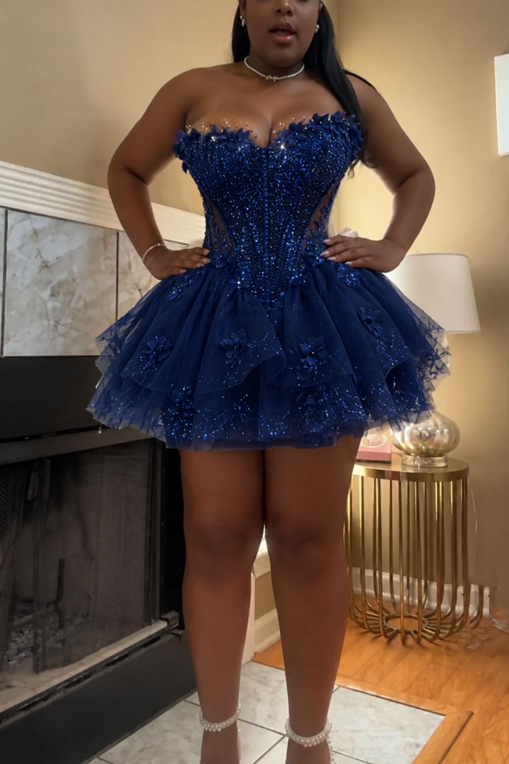 Elegantes A-Linien-Cocktailkleid aus Tüll mit Perlen, marineblaues Geburtstagskleid DP05750