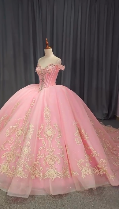 Robe de bal de Quinceañera féerique à épaules dénudées, en tulle perlé, rose, pour les 16 ans, DP05750