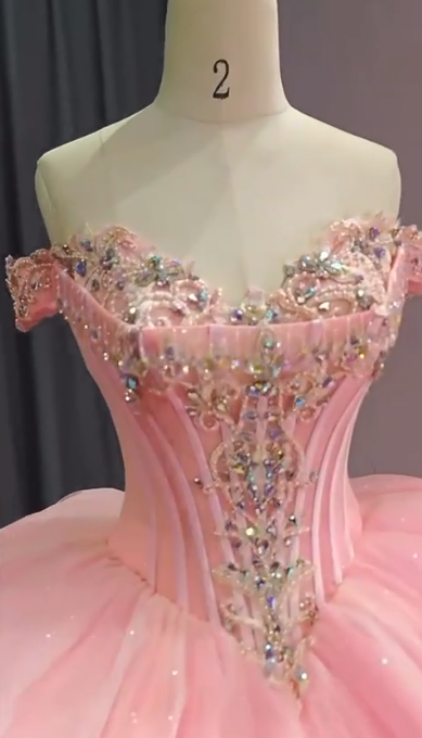 Robe de bal de Quinceañera féerique à épaules dénudées, en tulle perlé, rose, pour les 16 ans, DP05750