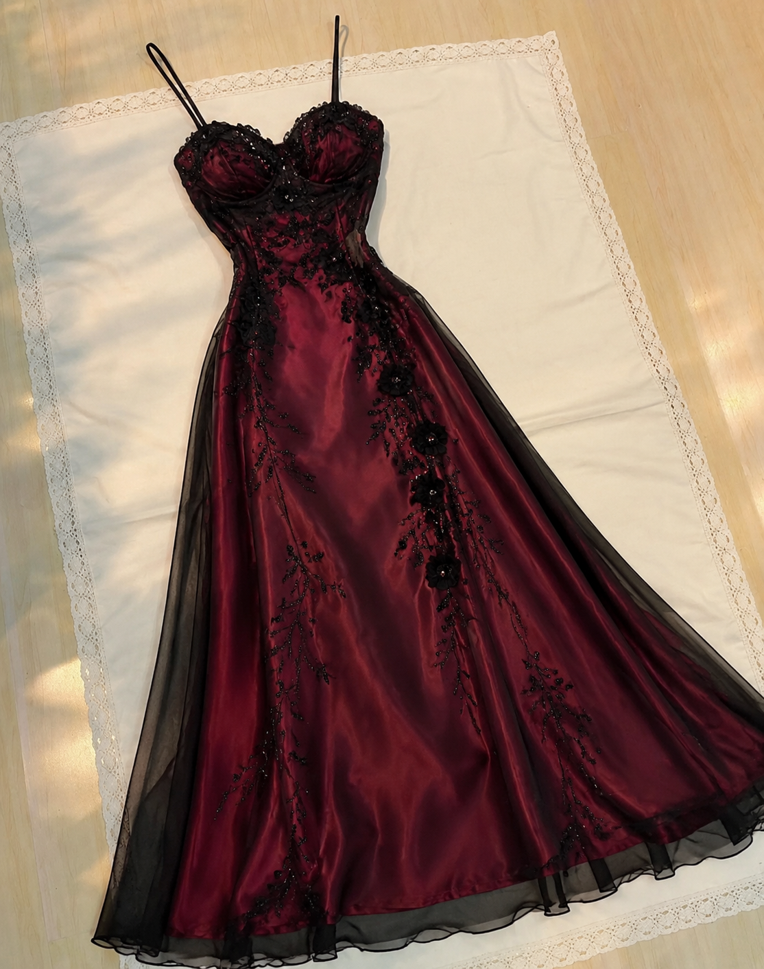 Chic Spaghetti Straps A-Line Chiffon Beaded Long Evening Dress Burgundy Prom Dress  DP05758