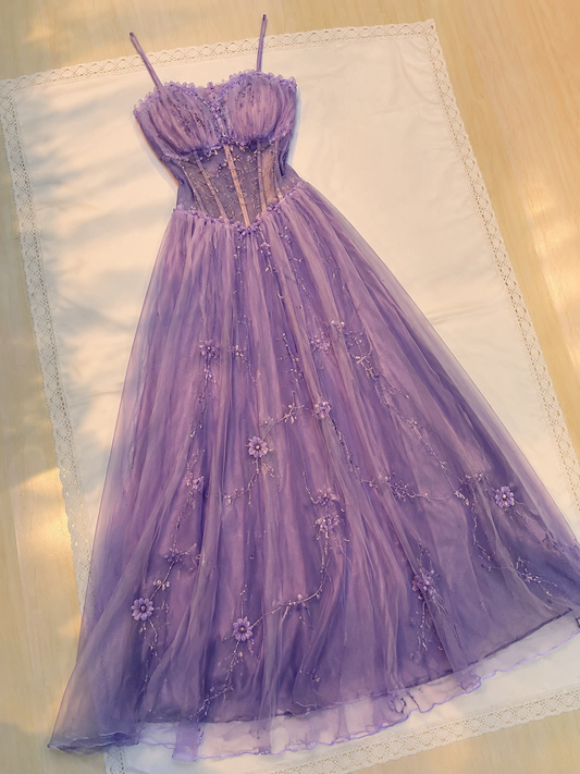 Robe de soirée violette élégante Bretelles fines Fourreau Mousseline Perles Robe longue de cérémonie DP05763