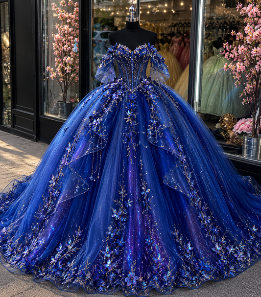Classy Royal Blue Quinceanera Dress Off-shoulder Ball Gown Tulle Applique Sweet 16 Dress DP05764