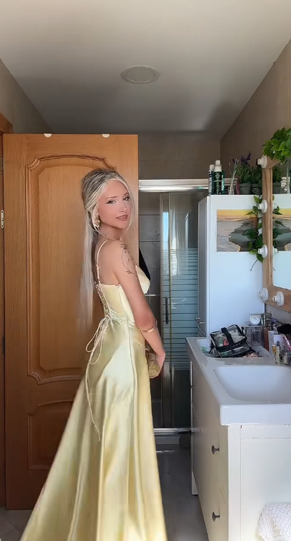 Classy Yellow Wedding Guest Dress Spaghetti Straps A-Line Satin Long Evening Dress DP05769