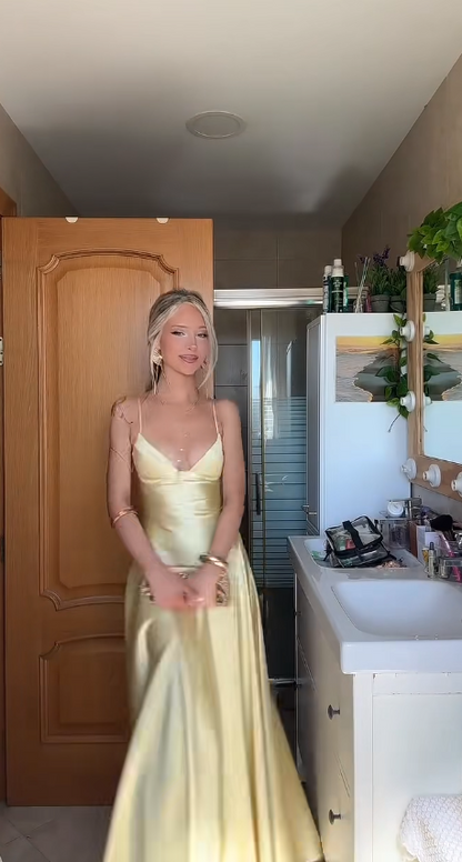 Classy Yellow Wedding Guest Dress Spaghetti Straps A-Line Satin Long Evening Dress DP05769