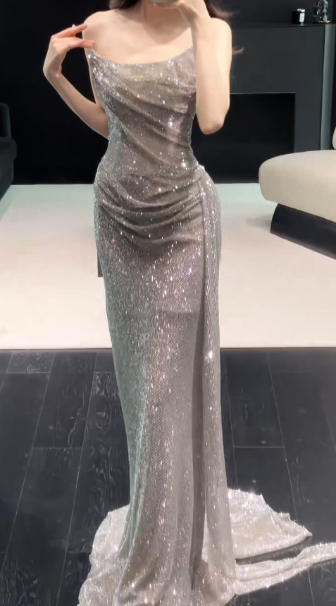 Robe de soirée longue argentée élégante fourreau en tulle sans bretelles robe de cérémonie DP05770