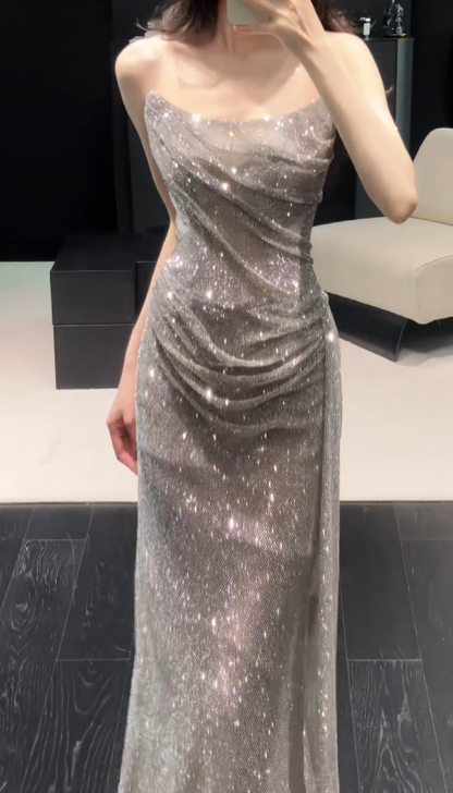 Classy Silver Long Evening Dress Tulle Sheath Strapless Formal Dress DP05770