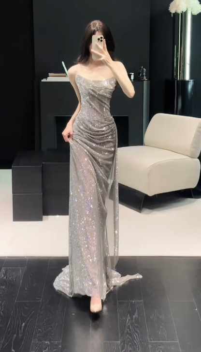 Classy Silver Long Evening Dress Tulle Sheath Strapless Formal Dress DP05770