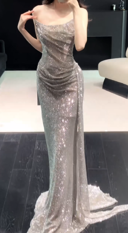 Classy Silver Long Evening Dress Tulle Sheath Strapless Formal Dress DP05770