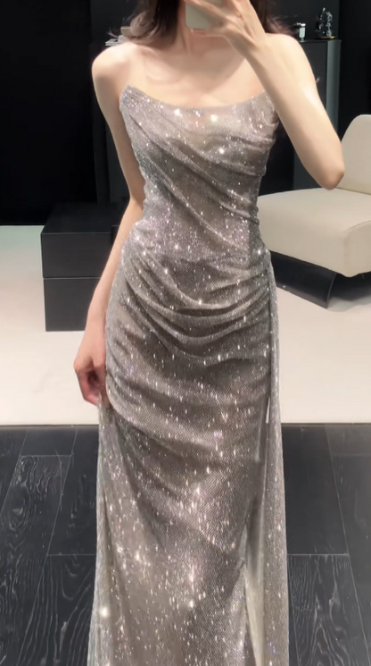 Classy Silver Long Evening Dress Tulle Sheath Strapless Formal Dress DP05770