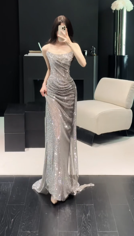 Classy Silver Long Evening Dress Tulle Sheath Strapless Formal Dress DP05770