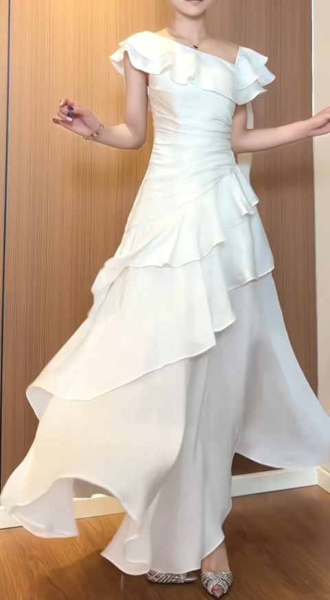 Classy White Birthday Dress, Asymmetrical Collar Sheath Chiffon Long Evening Dress DP05772