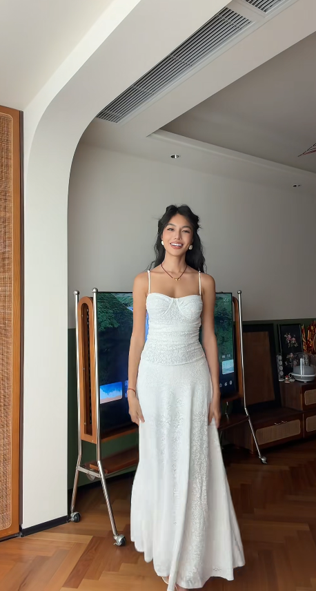 Classy White Birthday Dress, Spaghetti Straps Sheath Lace Long Evening Dress DP05773
