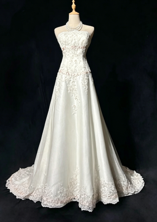 Classy White Prom Dress, Strapless A-Line Satin Applique Long Evening Dress DP05774