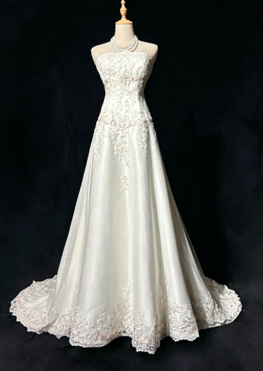 Robe de bal blanche élégante, robe de soirée longue en satin trapèze sans bretelles avec applique DP05774