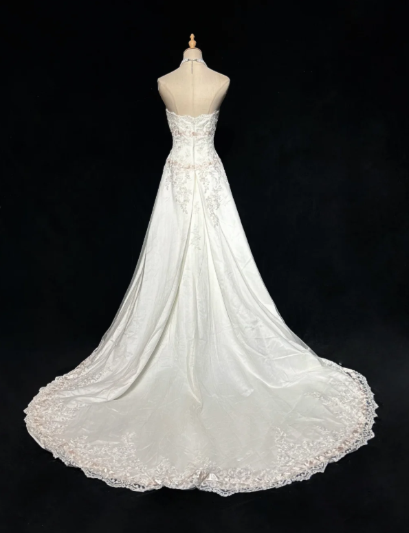 Classy White Prom Dress, Strapless A-Line Satin Applique Long Evening Dress DP05774