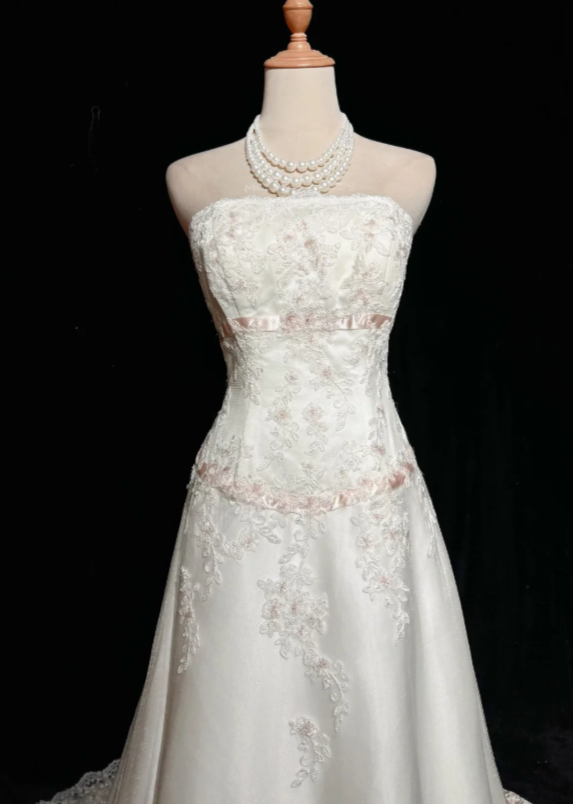 Classy White Prom Dress, Strapless A-Line Satin Applique Long Evening Dress DP05774